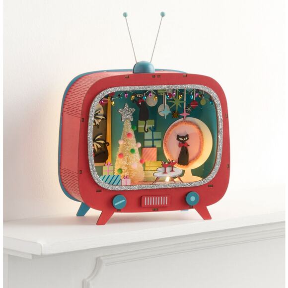 Mid-Century Modern Atomic Cat TV Set Light Up Christmas Decor Laser Cut Wood NEW - Picture 3 of 6